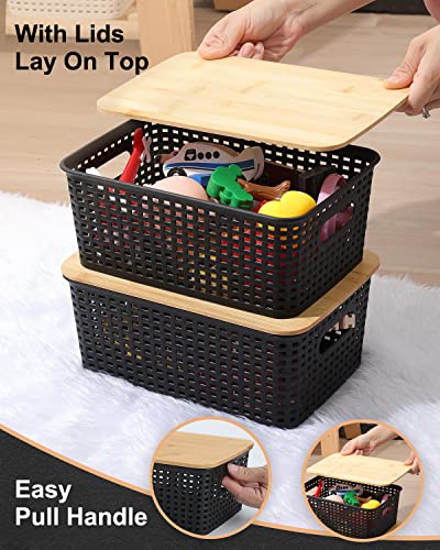 AREYZIN Black Storage Bins with Bamboo Lids Set of 6 - Stackable Closet & Kitchen Organizers