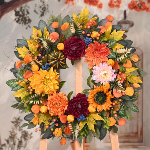 Waipfaru 26-Inch Fall Harvest Wreath with Pumpkins & Autumn Decor, Orange-Green
