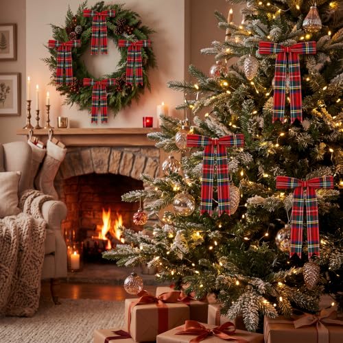 30 PCS Christmas Tartan Plaid Bow Decoration,Red