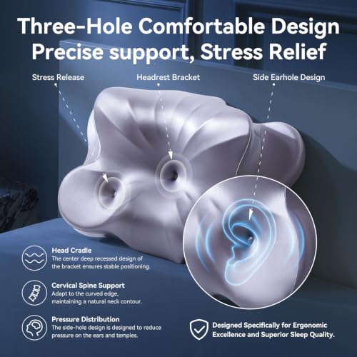 Neck Pillow for Sleeping Large - Cervical Memory Foam Pillow with 3-Hole Design, Gray