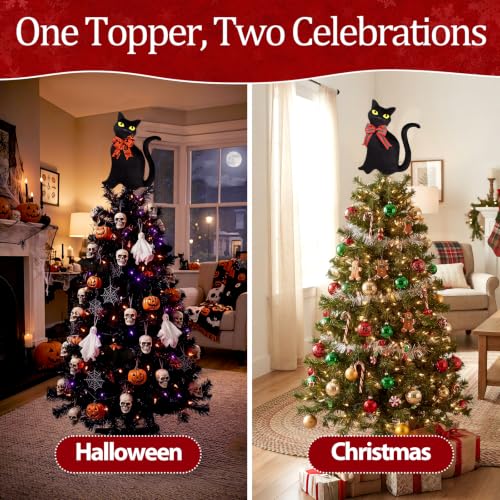 Black Cat Christmas Tree Topper for Halloween & Holiday Decor - 11.8 Inch