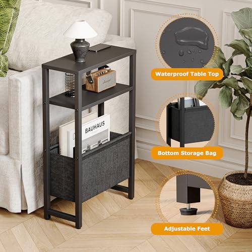 IRCPEN Black Narrow Side Table with Charging Station & Magazine Rack, 3-Tier Nightstand for Small Spaces