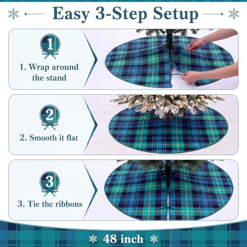 Poen 48 Inch Blue Green Tartan Plaid Christmas Tree Skirt - Festive Holiday Decor