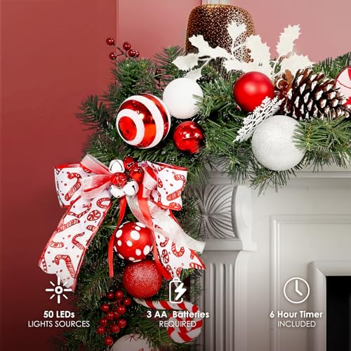 WBHome Red & White 9 Ft Christmas Garland with 50 LED Lights – Candy Shop Theme