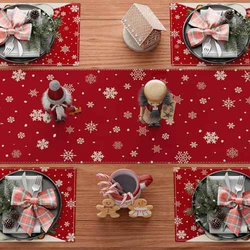 XCHI Winter Red Snowman Gingerbread Man Christmas Tree Xmas Table Runner Table Decoration for Party Home Kitchen Dining Holiday Decor 13x72 Inch