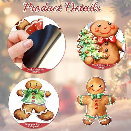 12 Pcs Christmas Gingerbread Magnet Decorations - Magnetic Xmas Refrigerator Fridge Magnet Stickers, Holiday Car Decal Garage Door Magnets for Dishwasher, Cruise Ship Door Decor