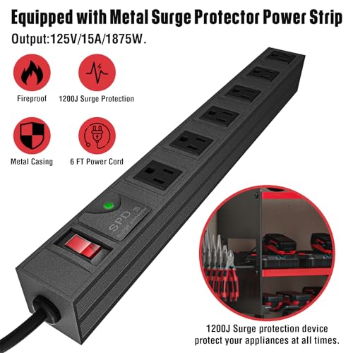 Power Tool Organizer with Charging Station Wall Mount - Surge Protected Rack, Red Variation of with Power Strip