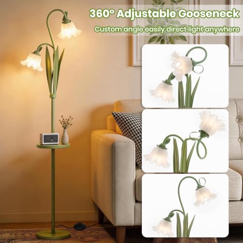 Snoslme Matcha Green Funky Flower Floor Lamp with Table, Adjustable Gooseneck, 3 Color Temperatures, LED Bright Standing Lamp for Living Room & Bedroom