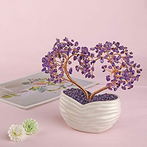 Amethyst Crystals Heart Bonsai Tree | Reiki Healing Feng Shui Desk Ornament