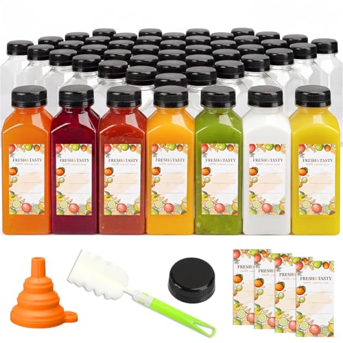 12oz Plastic Juice Bottles with Caps, Labels & Brush - 100 Pack