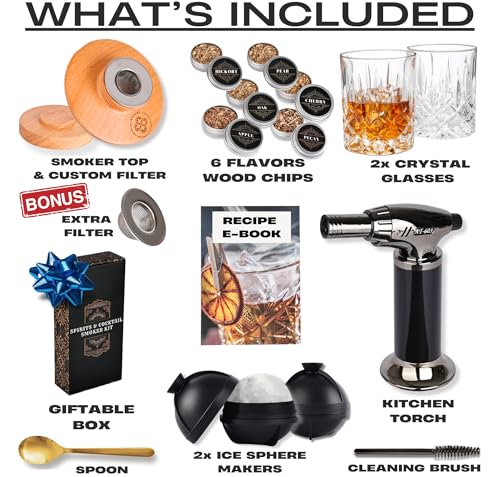 Ritual Life Whiskey Smoker Kit with Glasses & Torch - Includes Flavored Wood Chips & Ice Ball Makers - Perfect Bourbon Drink Set - Variation: Smoker Kit with Glasses