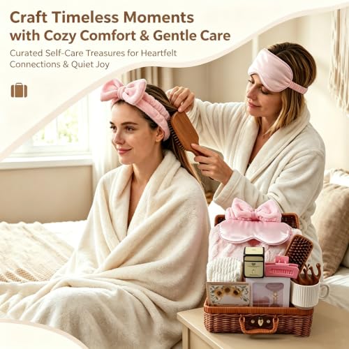 Pink Spa Gift Basket for Women - 15-Piece Self Care Set with Rattan Suitcase
