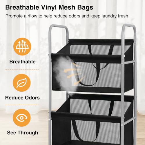 Black Mesh 3-Tier Vertical Laundry Hamper with Removable Bags, Rolling & Lockable Wheels