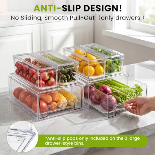 YKIOKE Transparent 6-Pack Fridge Organizer Bins with Drain Trays - Space-Saving, BPA-Free Stackable Food Storage