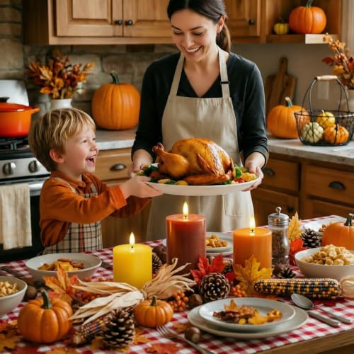 Fall Decor Flameless Pillar Candle Set - Autumn Colors, Real Wax, Safe Flicker