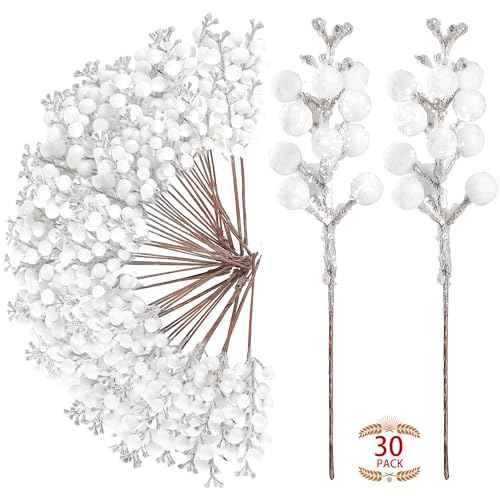 Sggvecsy 30Pcs Christmas Glitter Berries Stems Artificial Red Berry Branches Holly Picks Stems Christmas Tree Ornaments for DIY Xmas Wreath Crafts Gifts Holiday Home Decor (White)