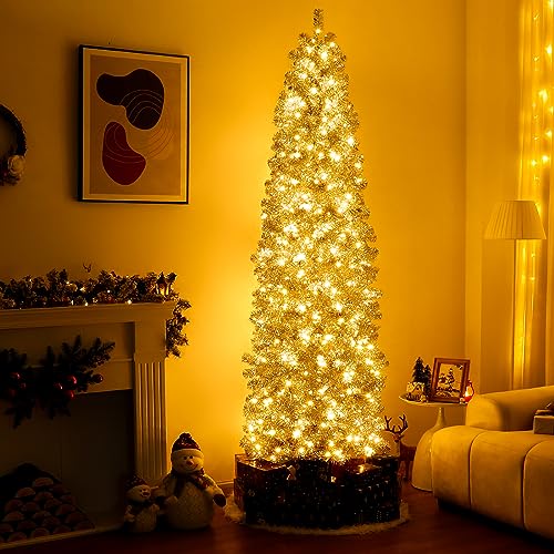 Decoway 6ft Slim Christmas Tree with 200 Warm White LEDs – Pre-lit, Silver