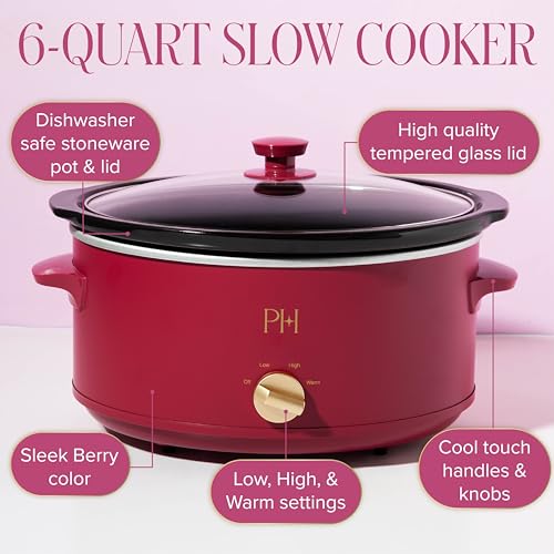 Paris Hilton 6-Quart Manual Slow Cooker Berry - Family Size, Nonstick Ceramic