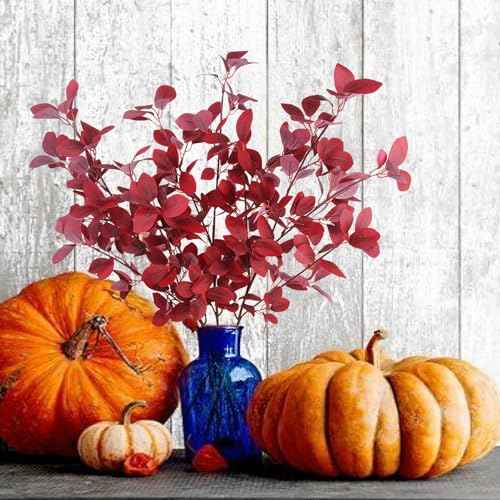 CISDUEO 3 Pcs Artificial Fall Maple Leaves Branches With Stems - Autumn Eucalyptus for Thanksgiving Home Indoor Kitchen Festival Table Centerpieces Decoration - Red