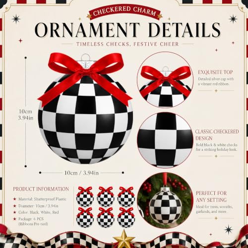 Chuangdi 6 Pcs Christmas Ball Ornaments Black and White Checkered