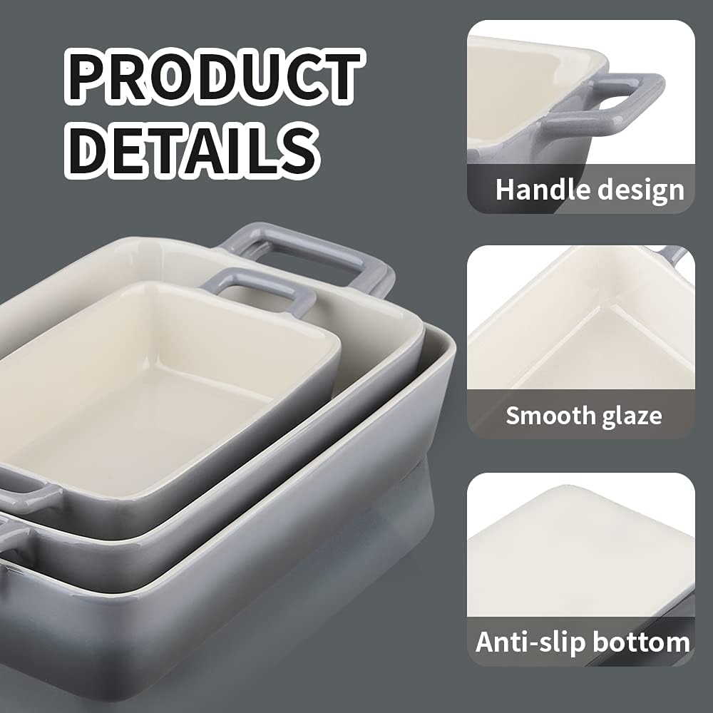 KOOV Bakeware Set - Ceramic Baking Dish with Rectangular Pans | 3-Piece Gradient Gray Set, 12 x 8.5 Inches