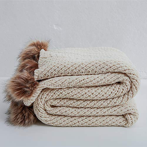 51x63 Inch Knit Throw Blanket with Pom Poms - Super Soft Warm Cozy Couch & Sofa Accessory Beige Apricot - VCTOPS