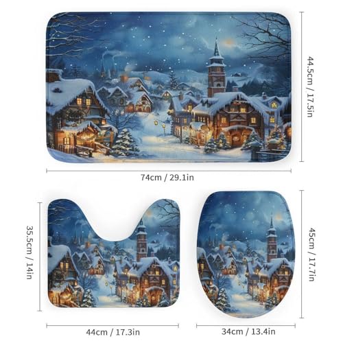 Christmas Tree Town Cabin Shower Curtain Set with Toilet Lid Cover & Rugs - Winter Holiday Bathroom Decor, 72x72 Inches