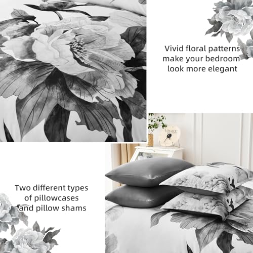 Dobuyly Queen Comforter Set 7 Pieces Grey Floral Bed in a Bag, All-Season Microfiber Bedding