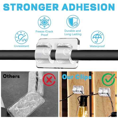 Hooks for Outdoor String Lights 27Pcs,No Drill Clear Cable Clips For Christmas Led Strips,?Heavy Duty Sticky Cord Holder Buckle With Waterproof Adhesive For Patio,Porch,Deck,Garden,Backyard