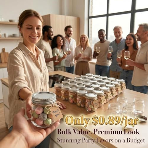 Peokuaey 8oz Mason Jars with Airtight Silver Lids - 30 Pack Small Glass Jars Set with Labels, Twine & Mesh Bags - Wide Mouth Canning Jars for Favors & Crafts