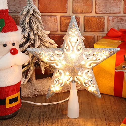 BrizLabs 3D Silver Star Topper 8” with 10 Lights - Lighted Christmas Tree Treetop
