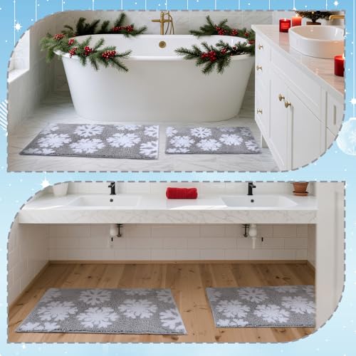 Dunzy Snowflake Bath Mat Set - Non-Slip Water Absorbent Rug for Bathroom, Gray, 2 Sizes