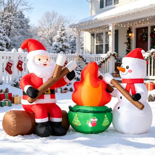 DomKom XMS CampFire 6FT Christmas Inflatable Yard Decor with Santa & Snowman, LED Light, Outdoor Lawn & Garden Xmas Party