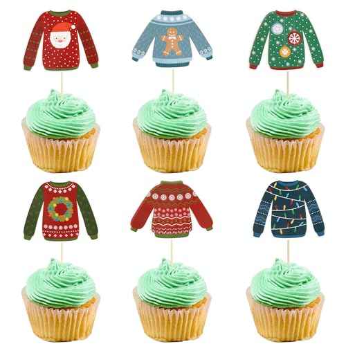 Gyufise 36Pcs Ugly Sweater Cupcake Toppers Christmas Decorations Xmas Party Supplies