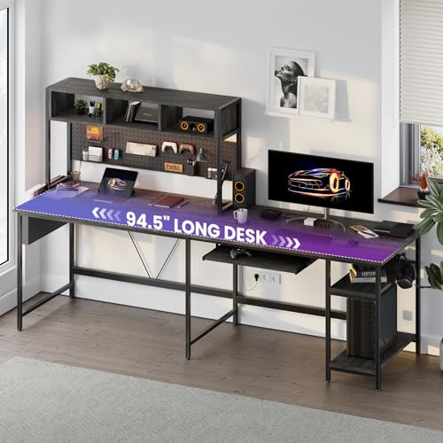 DUMOS Grey 67-Inch L-Shaped Gaming Desk with LED Lighting, Reversible Corner Computer Desk with Keyboard Tray & Storage Shelf