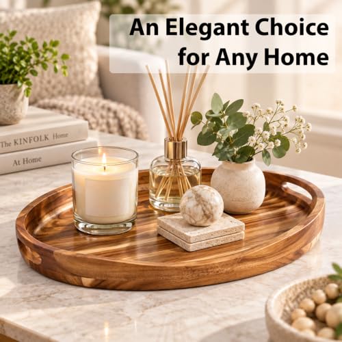 Acacia Wood Serving Tray with Handles - 17x13 Inch Round Ottoman Table Decor Variation of THIS listing