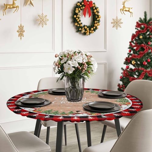 Chees D Zone 60-Inch Christmas Snowman Round Tablecloth with Elastic Edge, Fitted Holiday Cover, Rustic Wood Grain Design, Fits 55-60 Inch Tables