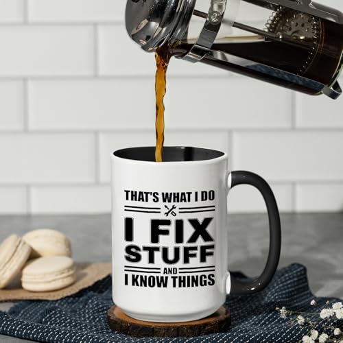 Veracco Black 15oz Funny Mechanic Mug for Dad - I Fix Stuff & Know Things