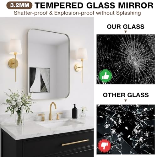 MZON 30x36 Inch Brushed Nickel Bathroom Mirror Over Sink, Modern European Style