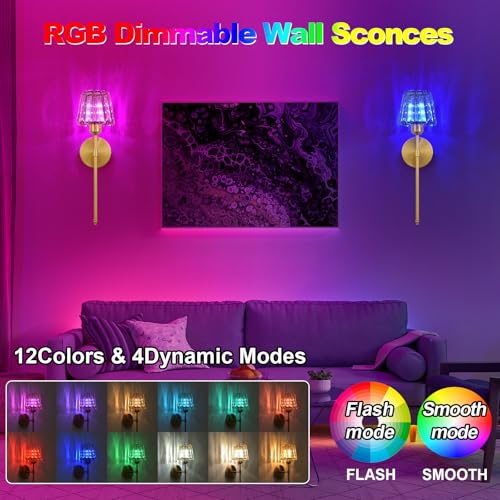 Amber Rechargeable Crystal Wall Sconce Set of 2 with Remote, Dimmable 12 Color Modes, Battery Operated LED Wall Lights for Bedroom & Living Room