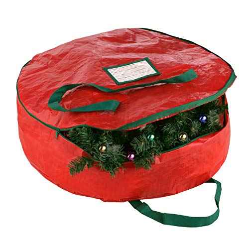 Wreath Storage Bag - 24-inch Organizer for Artificial Christmas Wreaths and Garland - Holiday Themed Tote with Green Handles by Tiny Tim Totes (Red)