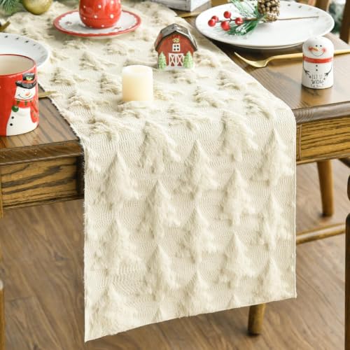 Artoid Mode Christmas Tree Table Runner 13 x 108 Inch Beige Faux Fur Jacquard Holiday Decor