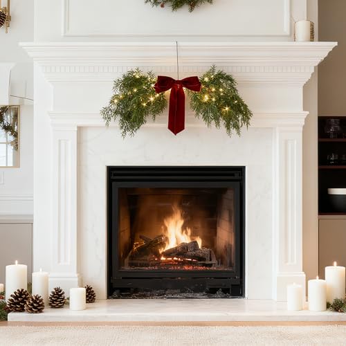 Battery-Operated Lighted Christmas Swag with Timer, Cedar Pine 32in Decor with Fairy Lights & Red Bow