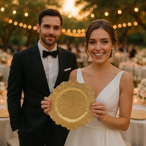40 Pack Gold Charger Plates - 13'' Reef Design Round Plastic Tableware for Wedding & Party