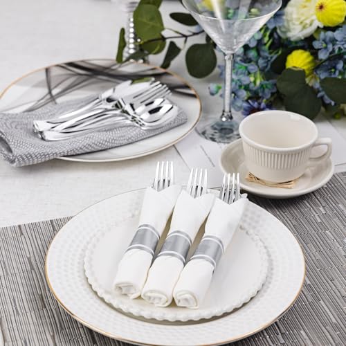 120 Pack Disposable Silver Plastic Silverware with Napkins - Heavy Duty & Elegant Design