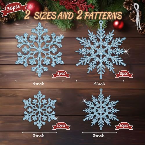 36Pcs Blue Glitter Snowflake Decorations Christmas Ornaments, Hanging Plastic Snow Flakes Ornaments with Silver Rope for Christmas Tree Decorations, Winter Wonderland Party Supplies