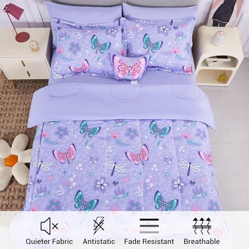 Kids Twin Comforter Set Butterfly Purple Bedding for Girls - 6 Pieces