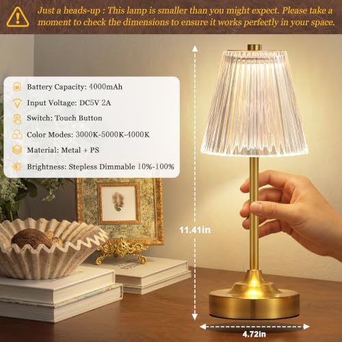 Gold Cordless Rechargeable Table Lamp - 1 Pack, Touch Control, Crystal Shade