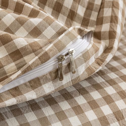 Mucalis Tan Gingham Duvet Cover King 100% Washed Cotton Beige Brown