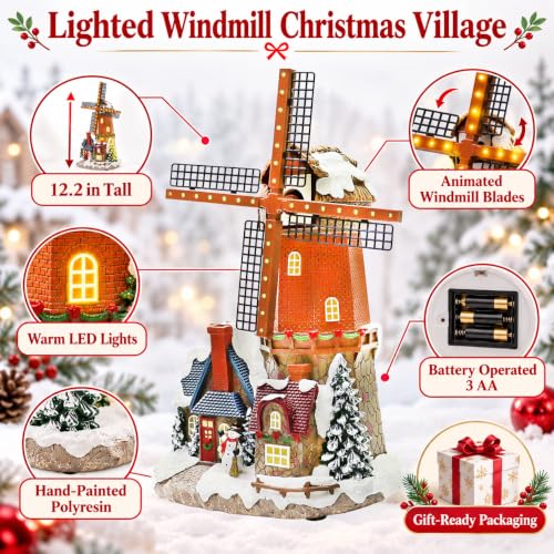 Lighted Windmill Christmas Village Building with LED Lights - 12.2 Inch Handcrafted Holiday Decor